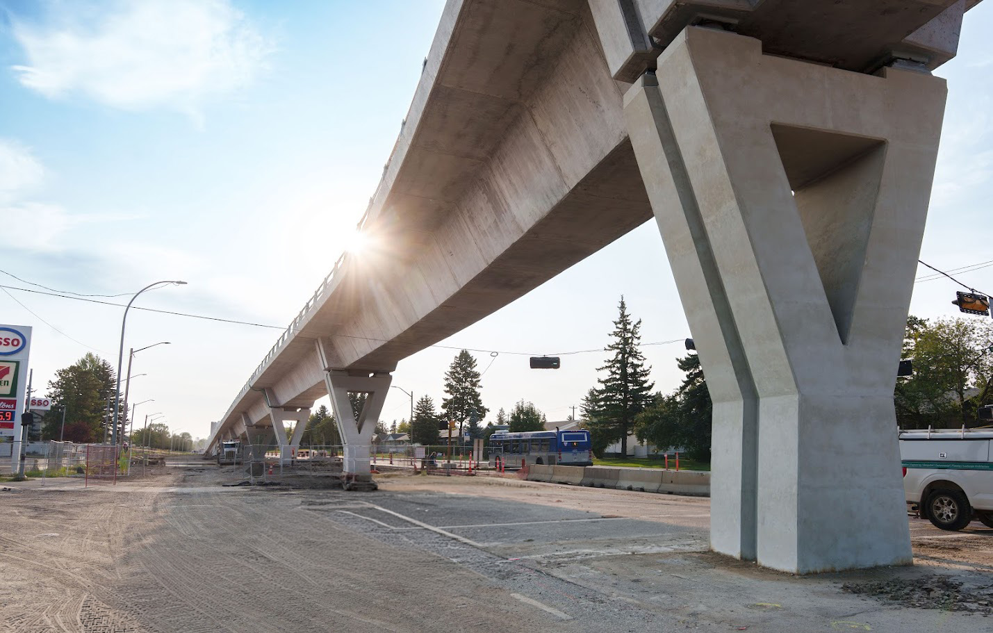 Ground level view of the Valley Line LRT Elevated Guideway on a sunny day