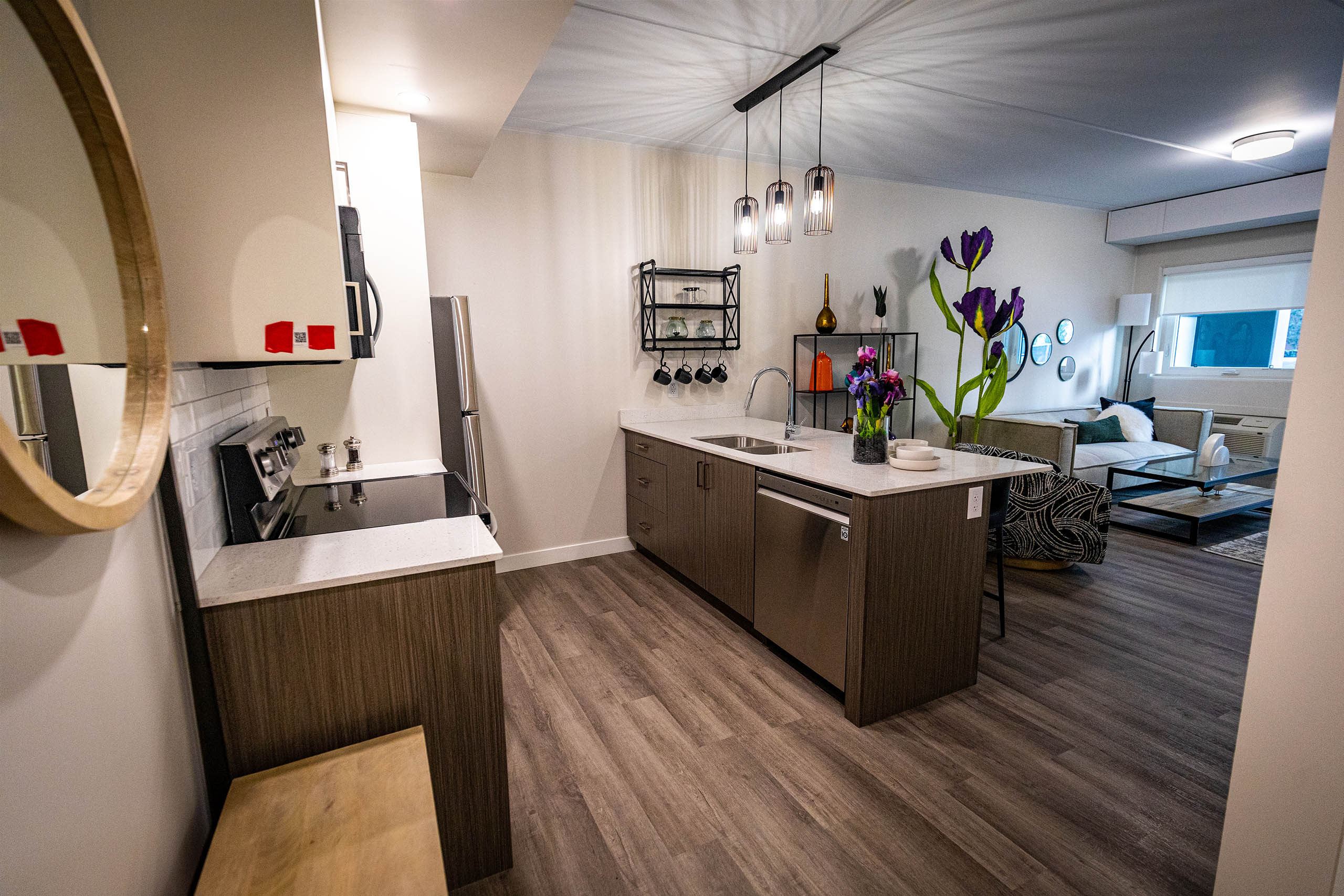 Kitchen and living room area with wood flooring, elegant ceiling lights, white walls, along with neutral-coloured furniture